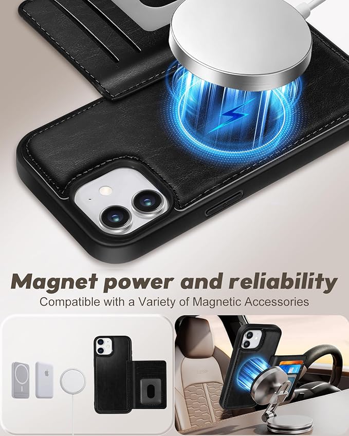 for iPhone 11 Case with Wallet - Fits 4 Card Slots, Compatible with MagSafe for Women Men Durable PU Leather Credit Card Holder Kickstand Phone Cover for Apple 11, Black