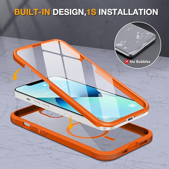 Miracase Compatible with iPhone 13 case 6.1 inch, 2021 Upgrade Full-Body Glass Clear Case Bumper Case with Built-in 9H Tempered Glass Screen Protector for iPhone 13,Orange