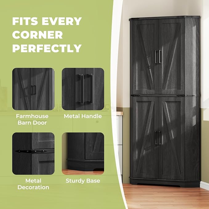 Dripex 71" Corner Cabinet Black, Farmhouse Kitchen Pantry Cabinet with Doors Storage & Adjustable Shelves, Tall Corner Storage Cabinet with LED Light, Food Pantry for Living Room, Dining Room