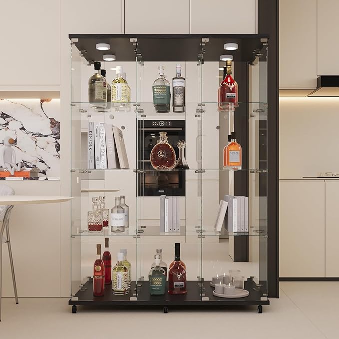 LFT HUIMEI2Y Glass Display Cabinet 12 Shelves with 3 Columns 2 Doors, LED Light, Mirror and Lock, Curio Cabinets Quick-Install Style Tempered Glass Bookshelf for Living Room, Kitchen Black
