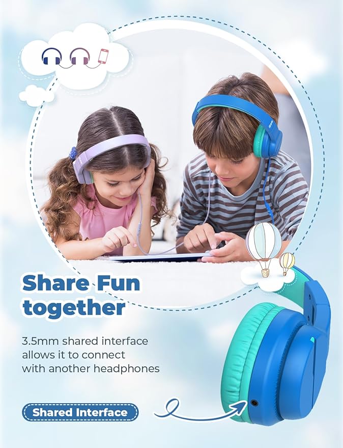 iClever HS19 Kids Headphones with Microphone for School, Volume Limiter 74/85dBA, Over-Ear Girls Boys Headphones for Kids with Shareport, Foldable for iPad/Travel (Navy Blue)