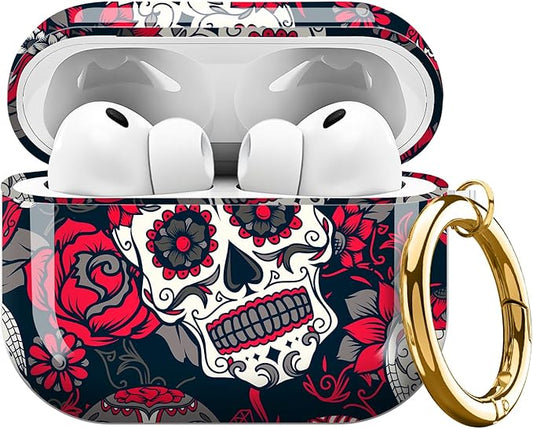 AirPod Pro 3 (2025) Case Cover for Women, Cute Shockproof TPU Protective Case with Gold Round Buckle, Anti-Drop Design Cute Red Skull