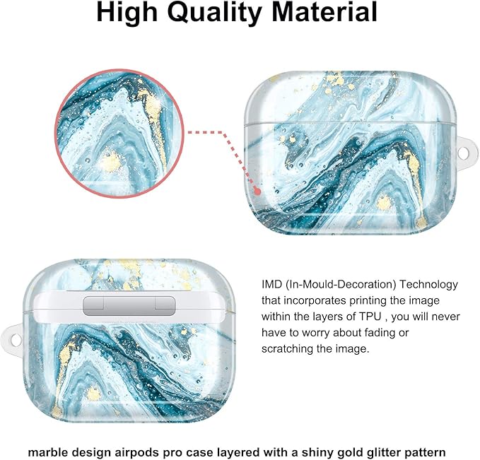 JIAXIUFEN Compatible with AirPods Pro 2019 / Airpods Pro 2nd Generation Case Cover Gold Sparkle Glitter Marble Design Cute Full Protective Silicone TPU Skin Accessories for Women Girl Blue
