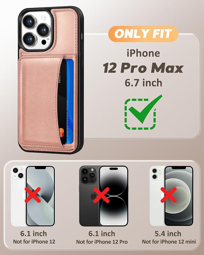 for iPhone 12 Pro Max Case with Wallet - Fits 4 Card Slots, Compatible with MagSafe for Women Aesthetic PU Leather Credit Card Holder Kickstand Phone Cover for Apple 12 Promax, Rose Gold