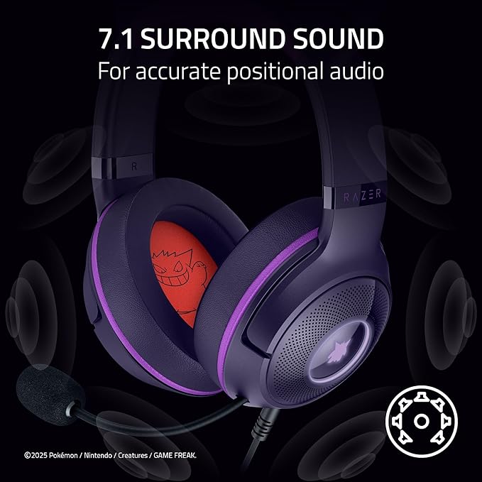 Razer Kraken Kitty V2 USB Wired Headset: Gengar Spikes - Stream Reactive Lighting - HyperClear Cardioid Mic - 40 mm Drivers - 7.1 Surround Sound - Comfortable Ear Cushions - Pokemon Gengar Edition