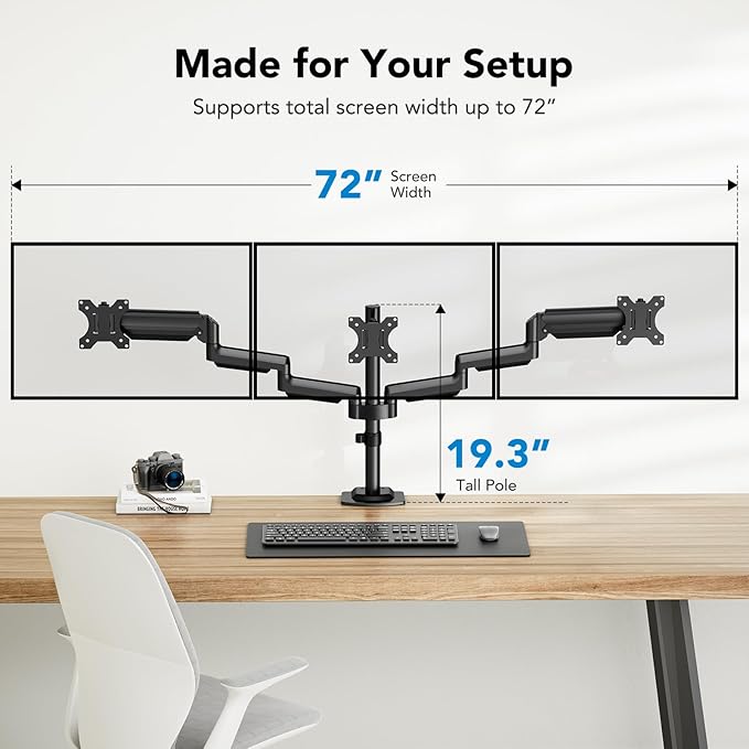 HUANUO Triple Monitor Mount for 13-27 inch Computer Screens, Gaming 3 Monitor Desk Mount with Arm Holds 17.6lbs, Triple Monitors Stand with Tilt, Swivel, Rotation, VESA 75x75, 100x100mm