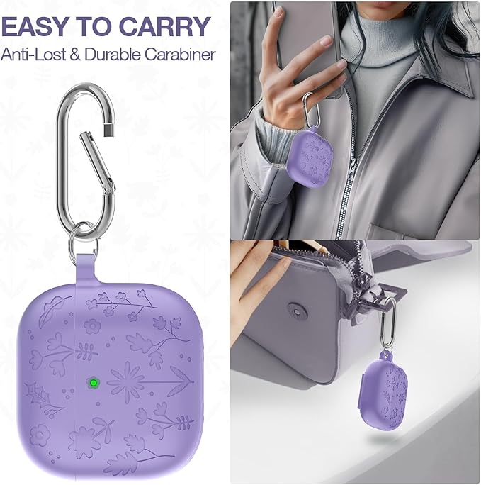 Compatible with AirPods 4th Generation Case Cover with Cleaner Kit, Flower Engraved Silicone Shockproof Protective Skin Cover for AirPods 4 Case 2024 with Keychain, Purple