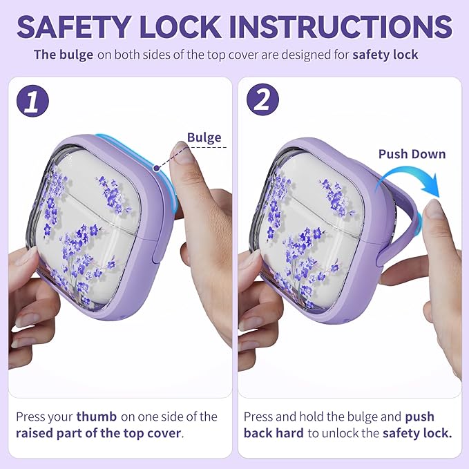Inesore with Safety Lock for AirPods 4 Case,Clear Floral Cute AirPod 4th Generation Case for Women Girly with Cleaner Kit and Keychain- Purple Bell Flower