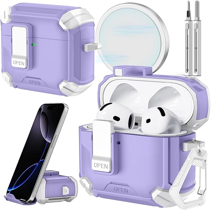 Inesore Compatible with AirPods 4th Case with Phone Stand & Cleaning Kit,Compatible with Magsafe,Magnetic Automatic Lock for Airpods 4 with Active Noise Cancellation Charging Cover (2024) s-Purple