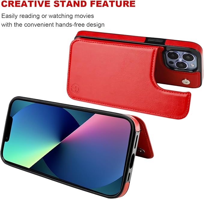 ONETOP Compatible with Magsafe for iPhone 13 Pro Max Wallet Case with Card Holder, PU Leather Kickstand RFID Blocking Case, Double Magnetic Clasp and Durable Shockproof Cover 6.7 Inch (Red)