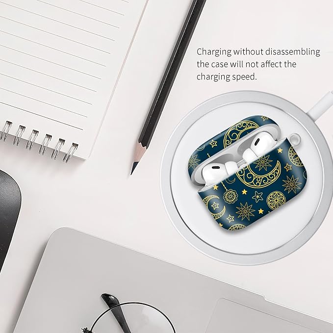 Compatible with Airpod pro 2nd/1st Generation Case Cover with Gold Round Keychain Cute Pattern Hard & Anti Slip Cover for Men Women & Girls（Abstract Moon）
