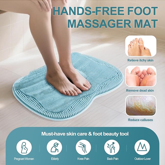 Foot Scrubber Mat Large Feet Scrubber + Pumice Stone 2 Pack for Shower Floor Bathtub - Dead Skin Callus Remover, Foot Spa Toes Between Brush Exfoliating Cleaner Pad in Shower Non-slip Messager, Blue