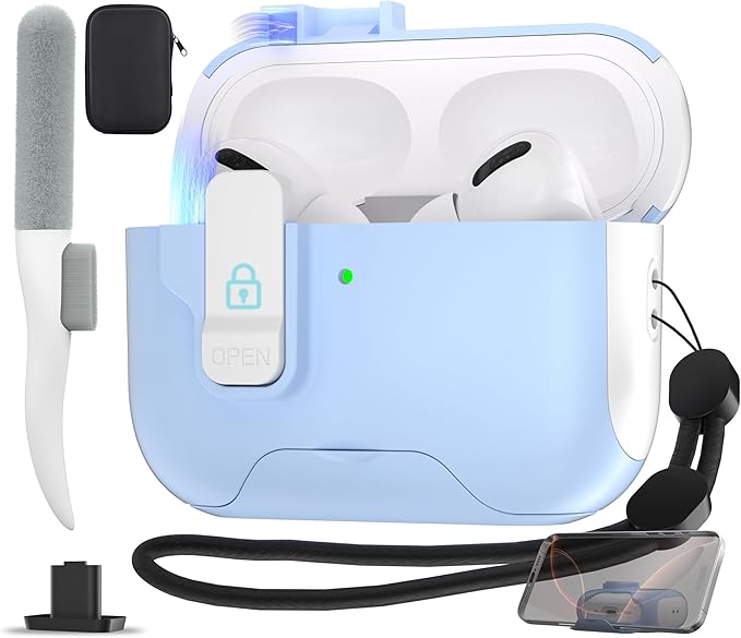 Maxjoy for AirPods Pro 3 Protective Case with Cleaning Kit, Military Hard Case with Lock Shock-Absorbing, White Light Blue