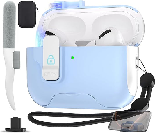 Maxjoy for AirPods Pro 3 Protective Case with Cleaning Kit, Military Hard Case with Lock Shock-Absorbing, White Light Blue