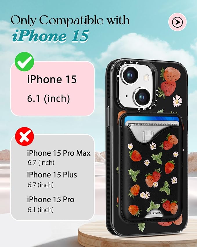 Toycamp for iPhone 15 Case - Compatible with Magsafe with Credit Card Holder Wallet Magnetic Girls Cute Girly Teens Kawaii Unique Strawberry Black Design Pretty Phone Cover for Apple 15 6.1"