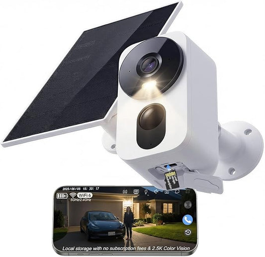 2.5K Solar Security Camera: Wireless Outdoor 4MP Color Night Vision with Solar Panel Keeps 100% Charged & Dual-Band WiFi 6 – No Monthly Fee for Garage/Driveway – Capture Faces & Plates