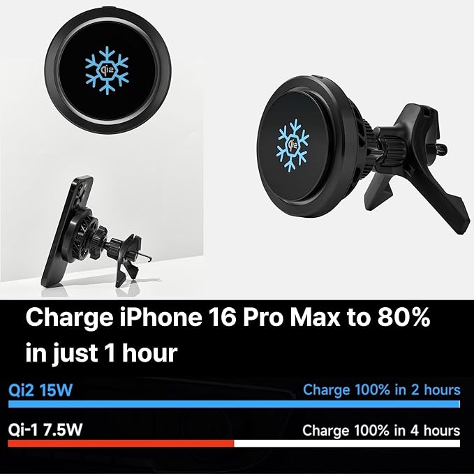 Qi2 15W Wireless Car Charger -Compatible with MagSafe- [3-Second Peltier Cooling] with Strong Magnetic Mount-Fast Charging Air Vent Phone Holder for iPhone 16/15/14 Pro Max,Galaxy S25(Black)