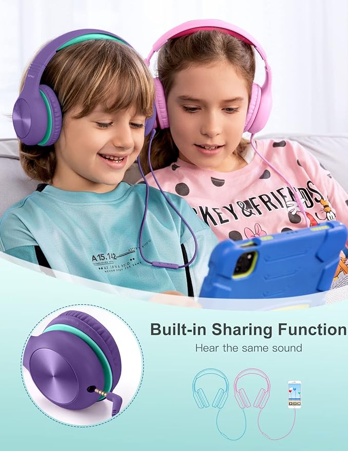 Headphones for Kids for School, Kids Headphones with Microphone, Sharing Function, 85dB/94dB Safe Volume Limit, HD Sound, Over Ear Kid Headphone for School, On-line Study, Travel, Purple