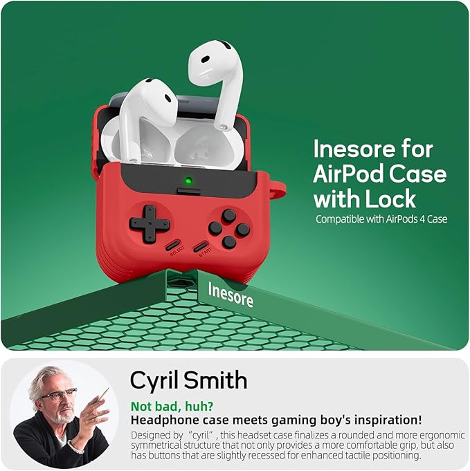 Inesore for Airpods 4 Case with Lock,Compatible with Airpods 4 with Active Noise Cancellation Cases,Classic Cool Funny Game Console Air pods4 Case Cover for Men Boy with Cleaner Kit(Red)