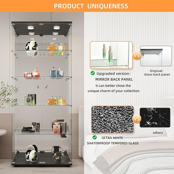 LFT HUIMEI2Y Glass Display Cabinet 5-Shelf with LED Light, Mirror and Lock, 2 Door Curio Cabinets, Tempered Glass Collection Display Showcase for Bedroom, Living Room Black