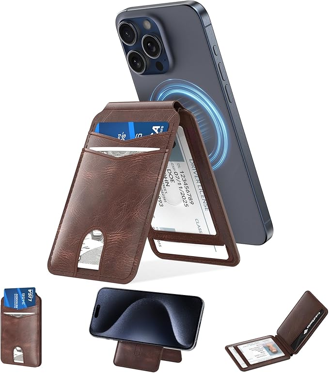 typecase Magnetic Wallet Compatible with Magsafe: Magnetic Phone Wallet & Card Holder for Apple iPhone 16 15 14 13 12 Pro Max - Adjustable Mag Safe Wallet Stand with 4 Card Slots - Brown