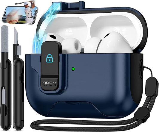 Compatible with AirPods Pro 3 2025 Case with Phone Stand & Cleaning Kit,Magnetic Automatic Lock Design Cover for Air pods Pro 3rd-(Deep Blue)