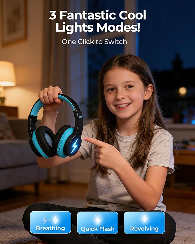 seenda Kids Bluetooth Headphones Boys, JCH-01 Kids Wireless Headphones for School, 85/94dB Volume Limited, 45H Playtime, 3 Lighting Modes, Built-in Mic Headset with Aux Cord for iPad/Tablet/Travel