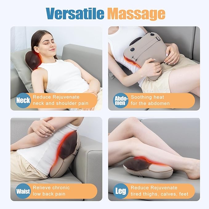 Sotion Shiatsu Neck and Back Massager with Heat, Deep Tissue Pain Relief for Neck, Shoulder and Back, Massage Pillow with Cover, Adjustable Straps & Portable Handle(No Battery)