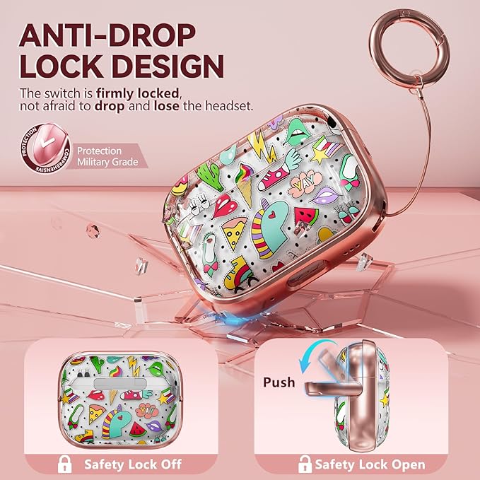 Inesore for AirPods Pro 3 Case 2025 with Lock, for Women Girly Floral Clear Case Compatible with Apple Airpods Pro 3rd Generation Cover, with Phone Stand,Keychain & Cleaner Kit-Unicorn Graffiti