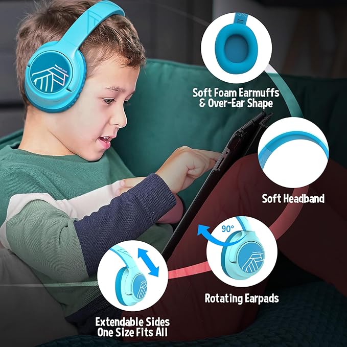 PowerLocus Kids Wireless Headphones, Bluetooth Kids Headphones LED Lights Over Ear with 74/85/94dB Volume Limited, 45H Playtime,Built-in Mic, Two Device Share Mode, HD Stereo for Travel/PC/Tablet