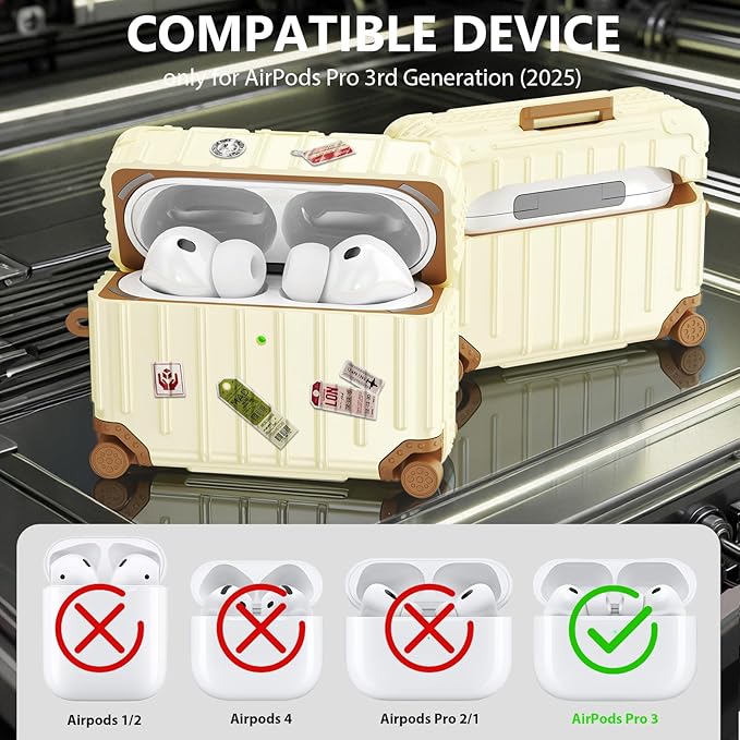KOREDA Compatible with AirPods Pro 3 Case Cover, Cute Funny Suitcase Design Case for AirPods Pro 3rd Generation, Fashion Protective Hard Case for Women Men with Keychain and Cleaner Kit (Beige)