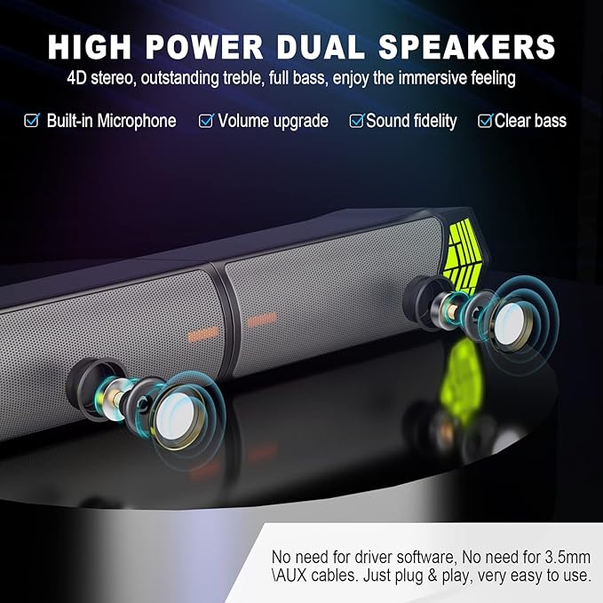 Smalody Gaming Speakers for PC, Computer Speakers for Desktop Monitor with Bluetooth, 2 in 1 Computer Speaker Soundbar, Can Be Split and Combined Freely