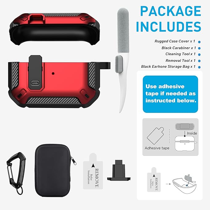 Maxjoy for AirPods Pro Case Cover with Lock, AirPods Pro 1st Generation Case for Men Military Rugged Protective Cover with Keychain Compatible with Apple AirPod Pros 2019 Front LED Visible, Red Camo