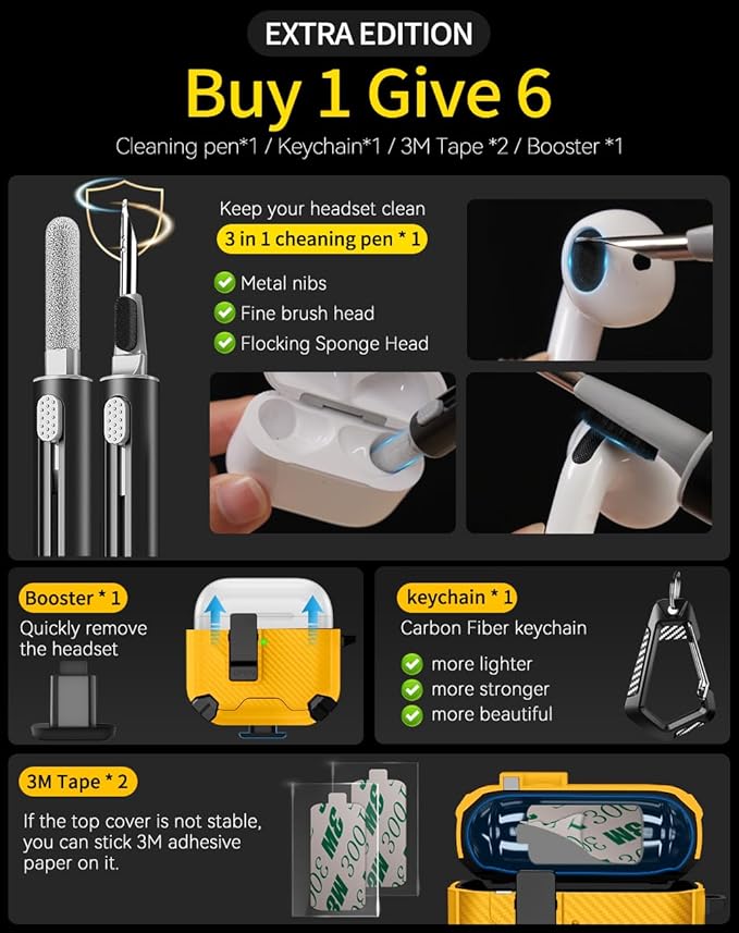 Compatible with AirPods 4 Case,Magnetic Automatic Lock with Phone Stand & Cleaning Kit,Compatible with Magsafe,Carbon Fiber Texture Cover -Yellow