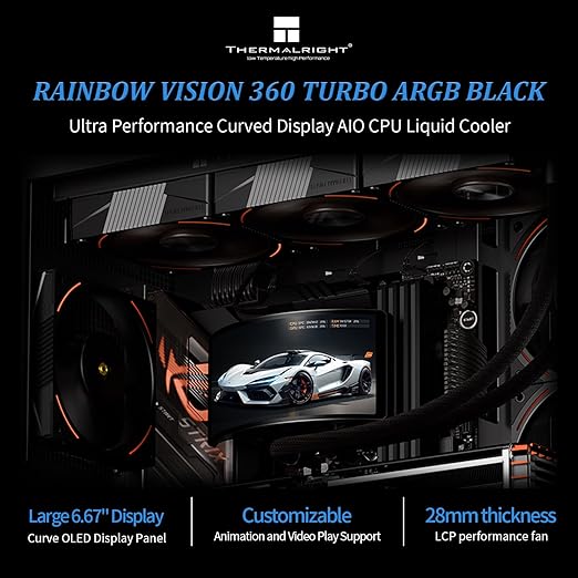 Thermalright Rainbow Vision 360 Turbo ARGB Black 360mm Aio Cooler, 60HZ Curved Screen with 2400x1080 Resolution,for AM4/AM5,Intel LGA1851/1700,6.67in 3D with Magnetic Suction Screen,3000RPM Fan Speed