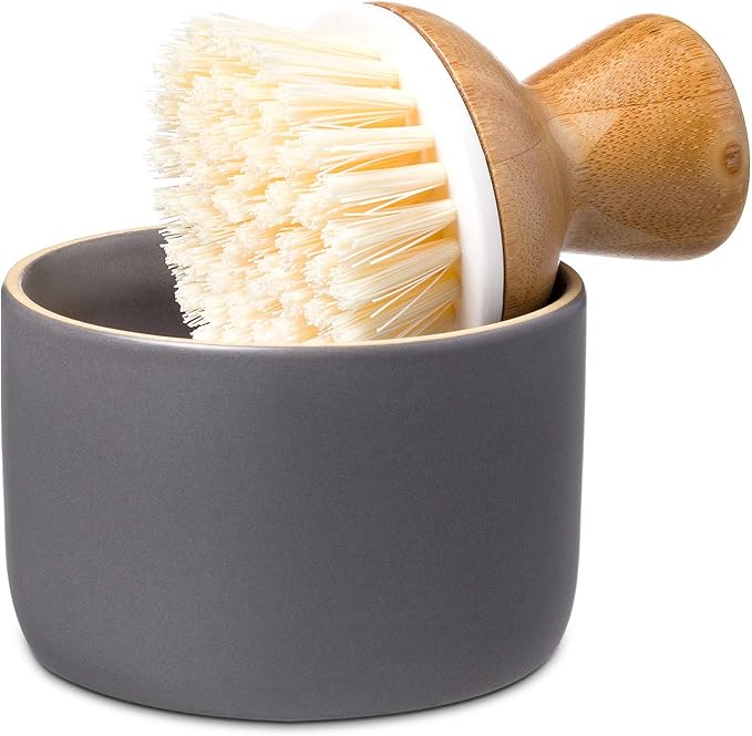 Full Circle Bubble Up Bamboo Dish Brush & Ceramic Soap Dispenser-Family Safe, Formaldehyde-Free-Kitchen Scrub Brush for Dishes, Nonstick & Cast Iron,Gray