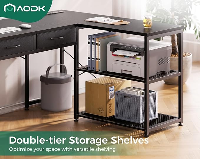 AODK 53 Inch L Shaped Computer Desk with Drawers, Corner Desk with Power Outlets & Reversible Storage Shelves, for Home Office Gaming, Black