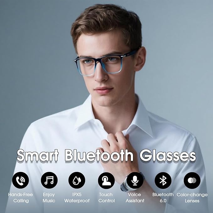 Smart Bluetooth Glasses for Men & Women, Voice Assistant & IPX5 Waterproof, Photochromic Smart Glasses with Speakers, Hand-Free Call & Music, Bluetooth Sunglasses for Travel, Working & Driving(Blue)