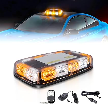 OPP ULITE Rechargeable Led Strobe Light Remote Control Wireless Battery, 17 Flashing Mode, High Low Brightness, 48-Led, Beacon Roof Top Flash Warning Lights for Vehicles Trucks, 1PC Pack, White Amber