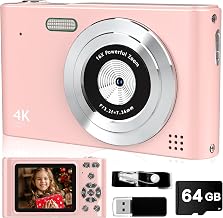 Digital Camera, 44MP Full HD 1080P Point and Shoot Camera with 64GB Card, Anti Shake 16X Zoom Compact Volg Cameras, Portable Small Digicam Gift for Kids, Ages Teen Girl Boy - Pink