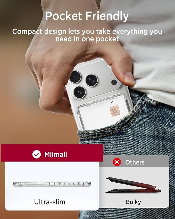 Miimall Magnetic Wallet for iPhone 17/16/15/14 Series, [2-Card] Mag Safe Card Holder Secure Flip Cover, Minimalist Hard PC Durable Pixelsnap Magnet Phone Wallet for Pixel 10 Pro/XL/Fold Crystal Clear