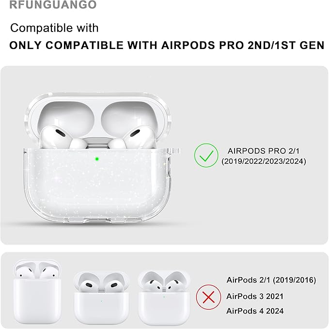 RFUNGUANGO AirPods Pro Case Clear, Soft TPU Transparent with Cleaning Kit & Keychain, Compatible with Magsafe, Compatible Apple AirPods Pro 2nd/1st Generation Protective Case, Glitter White
