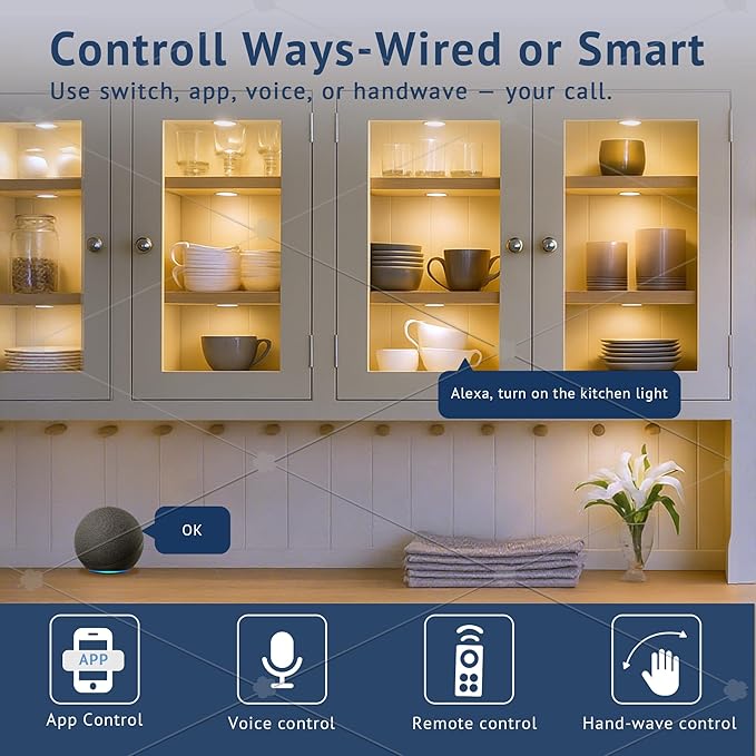 Smart Plug-in Light Pucks, Under Counter Lighting for Kitchen & Display Shelves, Works with Alexa & Google Assistant, App, Voice,Remote & Hand Control, Dimmable & Adjustable Warm to Cool Light