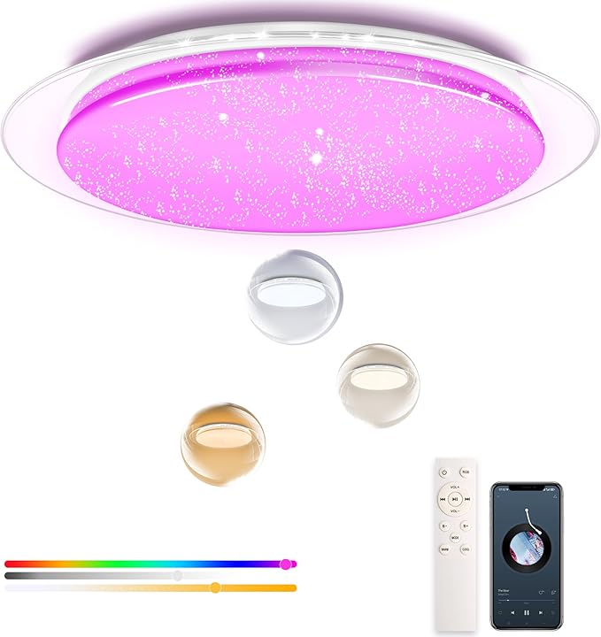 WF-Version LED Ceiling Light with Speaker 40W 15Inch Control via app/Voice/Remote Adjustable Brightness & Color Temperature Ceiling Lamp RGB Ambient Lighting for Bedroom Kids Room and More