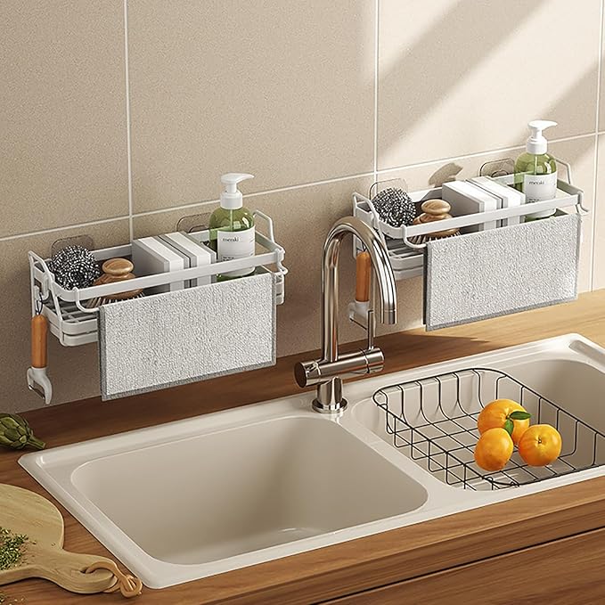 Sponge Holder Wall Mount Kitchen Sink Organizer, Dish Sponge Holder with Divider, Kitchen Sink Caddy, Sink Accessories-White