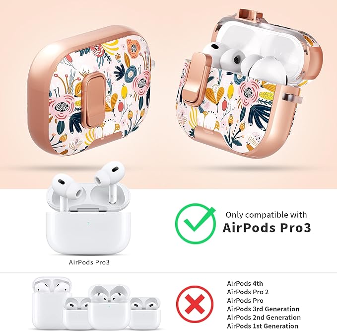 for AirPods Pro 3 Case(2025) with Secure Lock Clip and Phone Stand,Floral Girly Style Protective Cover with Cleaning Kit and Hand Strap for Apple AirPod Pro 3 Generation (Palm Petals)