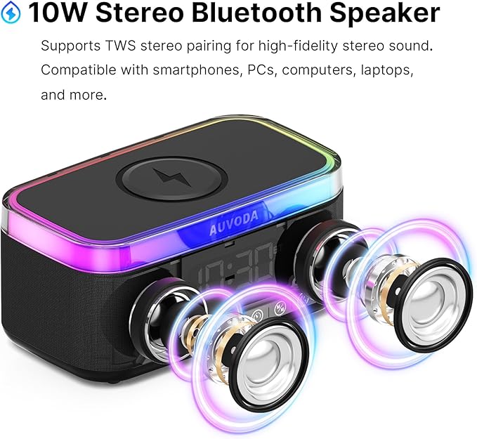 S300 10W Stereo Bluetooth Speaker with 15W Fast Wireless Charging, 13-Color Night Light, Alarm, White Noise, FM Radio, Portable, TWS, BT5.3, for PC, Smartphone, Home, Office & Bedroom (Black)