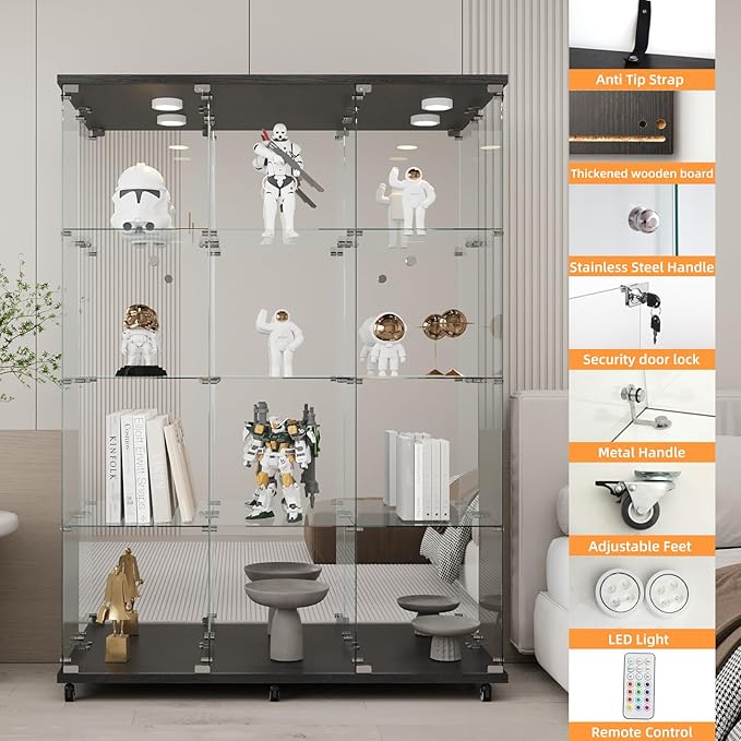 LFT HUIMEI2Y Glass Display Cabinet 12 Shelves with 3 Columns 2 Doors, LED Light, Mirror and Lock, Curio Cabinets Quick-Install Style Tempered Glass Bookshelf for Living Room, Kitchen Black