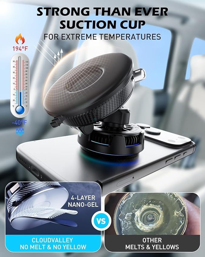 CloudValley 25W Wireless Car Charger Mount with RGB Light, Magnetic Car Phone Holder with Cooling Fan & 45W Adapter, 360° Rotating Vacuum Suction Mount, Design for MagSafe iPhone 17/16/15/14/13