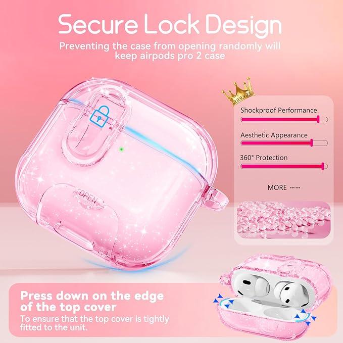 Clear Case for Airpods Pro 2 Case Cover with Safety Lock,Soft TPU Cover with Phone Stand & Cleaning Kit,Cute Bling Keychain for Women Girls-Glitter Pink
